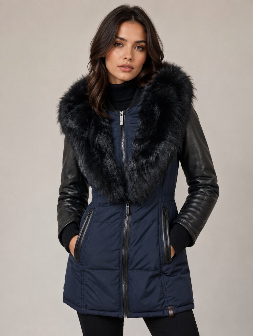 Rudsak Grace Puffer Jacket Size XS Navy Black Fur Trimmed Down Filled Parka